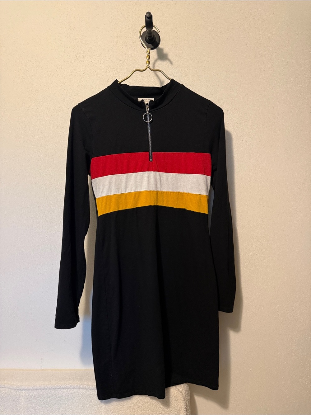 Heart and lips Black Long Sleeve Knit Dress with Red, White & Mustard Stripes